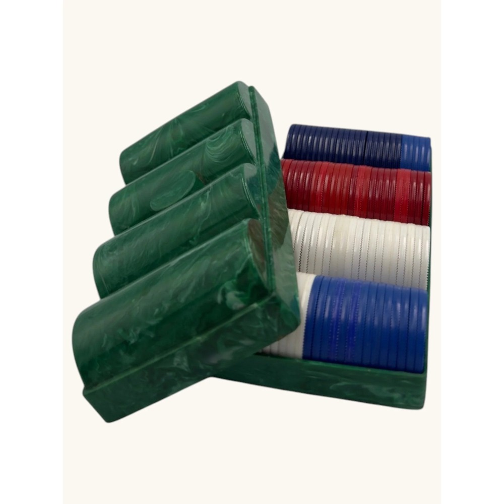 Vintage Marbled Green Bakelite Style Poker Chip Caddy Set Red White Blue Chips